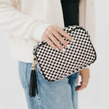 Black White Check Woven Camera Crossbody Bag Adjustable Strap Tassel