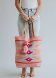 Orange, Pink & Slate Aztec Woven Cotton Tote Bag | Boho Tassel Tote