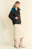 Fluffy Cable Knit Button Front Cardigan with Fuzzy Collar Charcoal Green