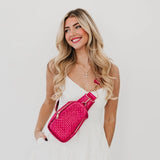 Waverly Woven Crossbody Sling Bag with Strap Extender Fuchsia Pink
