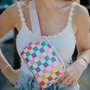 Multicolored Checkered Pattern Belt Sling Bag