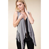 Open Front Draped Vest with Fringe Hem and Bullhead Print in Grey