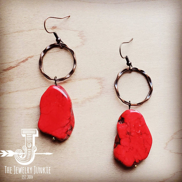 Red Turquoise Chunky Slab Copper Dangle Earrings