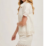 Cotton Embroidered Lace Trimmed Button Shirt Creamy Natural