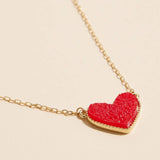 Heart Druzy Stone Charm Short Necklace - Red Sparkle Statement Jewelry