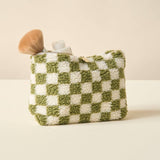 Sherpa Teddy Travel Cosmetic Pouch Check Green White