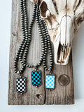 Western Checkered Pendant Necklace - Black Turquoise