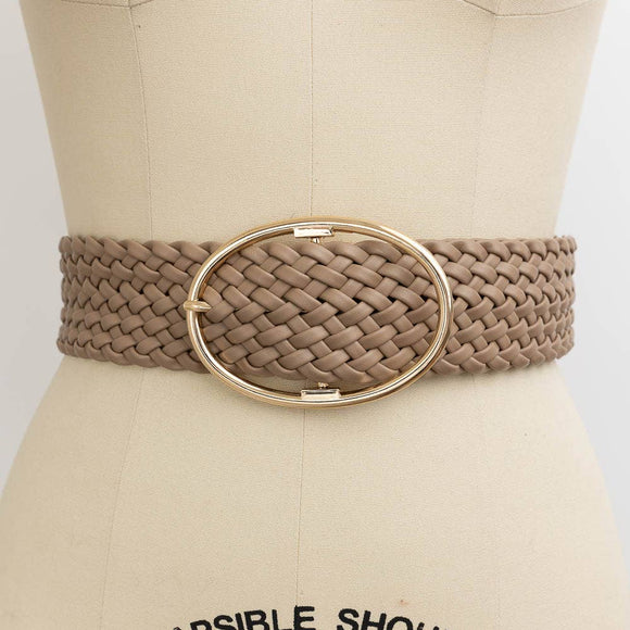 Wide Oval Gold Buckle Vegan Leather Braided Belt Taupe