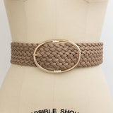Wide Oval Gold Buckle Vegan Leather Braided Belt Taupe