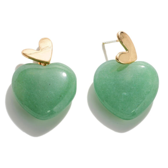 Natural Stone Heart Drop Earrings Mint Green