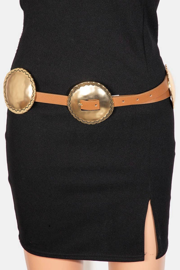 Western Concho Discs Vegan Leather Belt Brown Gold