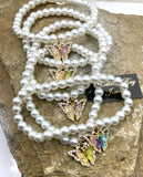 Boho Pearl & Butterfly Charm Bracelet Stack | Set of 5 | Glass Pearl Stretch Bracelets