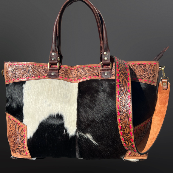 Women’s Cowhide Backpack Tote with Pink Leather Trim Cowhide & Pink Tooled Backpack | Motis and Co Women main image 4