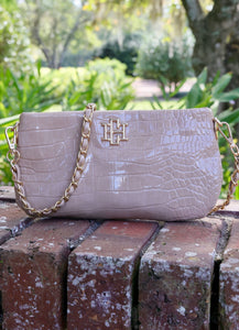 Livi Embossed Crocodile Print Dual Strap Crossbody Taupe Patent