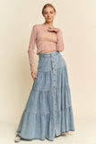 Denim Button-Front Ruffle Hem Maxi Skirt