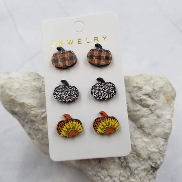 Fall Pumpkins Wood Stud Earrings Set Of 3