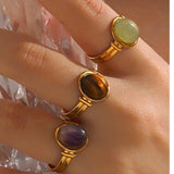 Sunburst Stone Ring - 18K Gold Adjustable Stainless Steel Jade