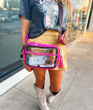 Priscilla Clear Cowhide Crossbody Purse Bag Concert Festival Stadium Pink Silver