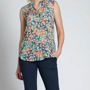 Multicolor Geometric Triangle Pop Print Button Up Sleeveless Blouse