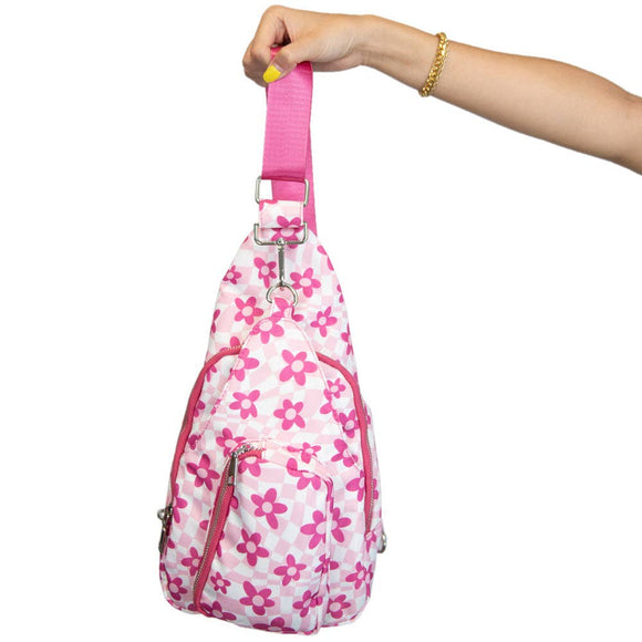 Pink White Flower Groovy Checkered Sling Bag