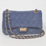 Quilted Denim Shoulder Bag Chain Strap Blue