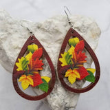 Wood Maple Leaf Fall Dangle Teardrop Earrings