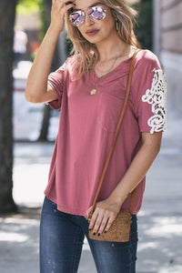 Lace Sleeve Detailed V Neck Pocket Top Mauve