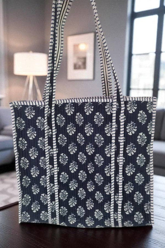 Nantucket Blooms Navy Quilted Tote Bag