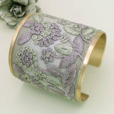 Mint & Grey Floral Embroidered Fabric Cuff Bracelet – Gold Tone