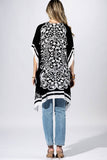 Coal Black & White Damask Floral Open-Front Kimono