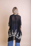 Lightweight Floral Embroidered Tassels Boho Festival Kimono Wrap Black