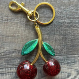 Cherry Bag Purse Charm Keychain Glitter Red Gold with 2 Painted Leaves