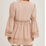 Lace Trimmed Bell Sleeve V-Neck Blouse Nude Pink