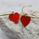 Large Red Enamel Heart Charm Gold Hoop Earrings