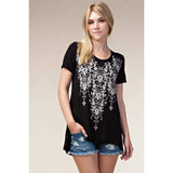 Floral Printed Rhinestone Short Sleeve Knit Top in Black
