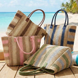 Natural Brown Multicolor Stripe Paper Straw Tote Bag in Pink