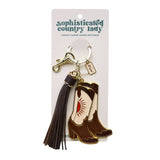 Pink Sunburst Cowgirl Boots Tassel Enamel Keychain Bag Charm
