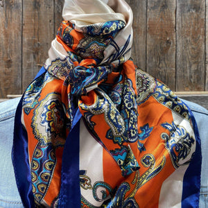 Orange Blue Paisley Printed Western Southwestern Wild Rag Scarf Accent