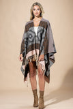 Aztec Leopard Print Fringe Ruana | Cozy Wrap | Gray
