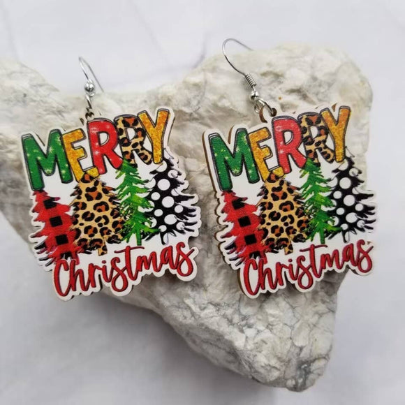 Merry Christmas Leopard Christmas Tree Wooden Earrings