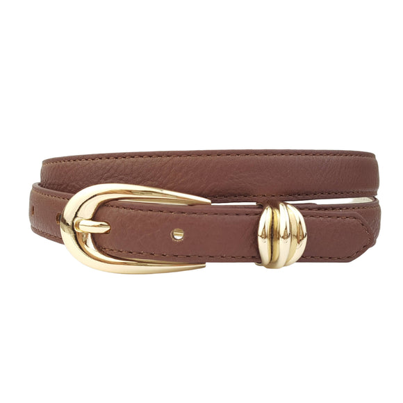 Skinny Leather Belt Shiny Gold Buckle and Loop Leather Belt Brown