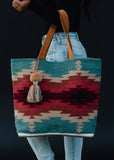 Cotton Wool Woven Teal Burgundy Tan Western Southwestern Aztec Tote
