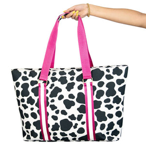 Hot Pink Black and White Cow Print Western Cowgirl Travel Tote Bag