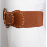 Distressed Wide Stitch Elastic Belt Western Boho Chic Style Camel Brown