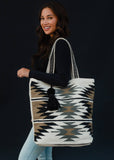 Cream Black Gray Leather Wool Cotton Aztec Western Southwestern Large Tote