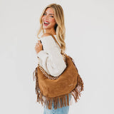 Loretta Camel Faux Suede Fringe Shoulder Bag