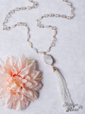 White Druzy Stone Pendant & Clear Beaded Tassel Necklace