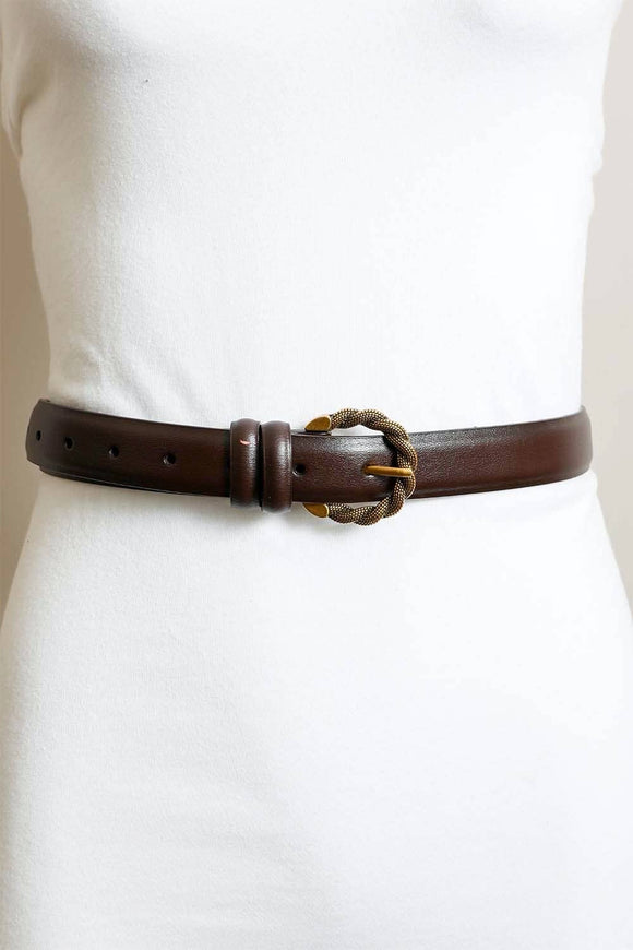 Two Tone Twisted Buckle Classic Leather Belt Brown