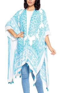 Boho Floral Mandala Tassels Kimono Wrap Sky Blue White