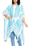 Boho Floral Mandala Tassels Kimono Wrap Sky Blue White
